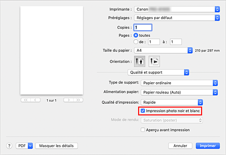 figure&nbsp;: option Impression photo noir et blanc sous Qualité et support dans la boîte de dialogue Imprimer
