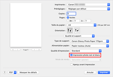 figure&nbsp;: option Impression photo noir et blanc sous Qualité et support dans la boîte de dialogue Imprimer