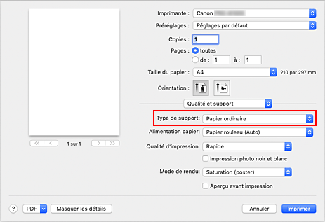 figure&nbsp;:&nbsp;Type de support dans Qualité et support de la boîte de dialogue Imprimer