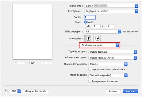 figure&nbsp;:&nbsp;Qualité et support dans la boîte de dialogue Imprimer