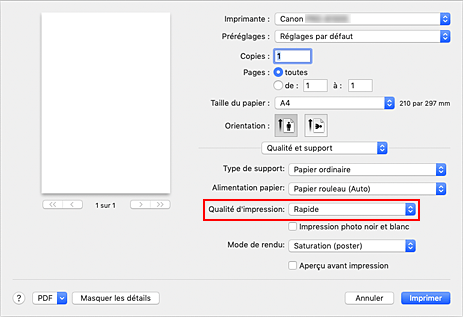 figure&nbsp;:&nbsp;Qualité d'impression dans Qualité et support de la boîte de dialogue Imprimer