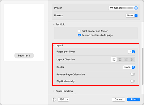 Abbildung: "Layout" im Dialog "Drucken"