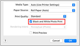 Imagen:Impr. foto en blanco y negro de Calidad y soporte en el cuadro de diálogo Imprimir