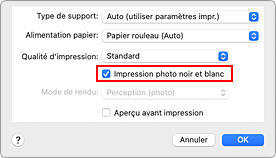 figure : option Impression photo noir et blanc sous Qualité et support dans la boîte de dialogue Imprimer