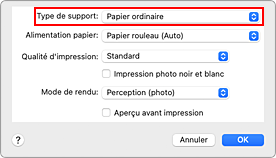 figure : Type de support dans Qualité et support de la boîte de dialogue Imprimer