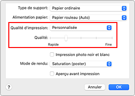 figure : Sélectionnez Personnalisée pour Qualité et support dans la boîte de dialogue Imprimer.