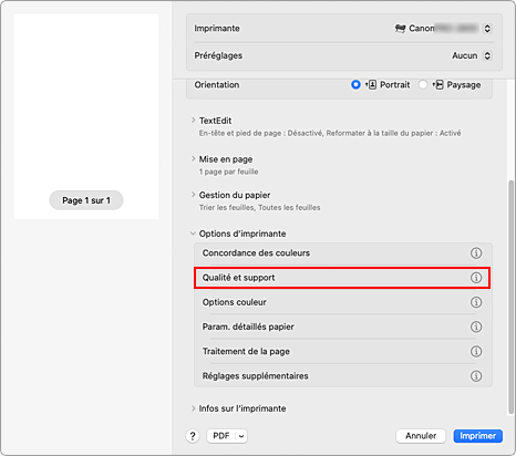 figure : Qualité et support dans la boîte de dialogue Imprimer