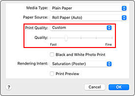 figura:Selecione Personalizada em Qualidade de Impressão de Qualidade e Mídia na caixa de diálogo Imprimir