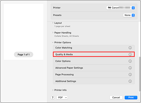 figura: Qualidade e Mídia na caixa de diálogo Imprimir
