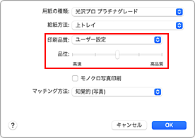 図：プリントダイアログ［品位と用紙の種類］の［印刷品質］で［ユーザー設定］を選ぶ