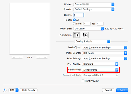 figure:Monochrome and Monochrome Bitmap of Quality & Media in the Print dialog