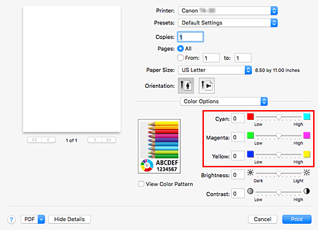 Imagen: Balance del color de Opciones de color del cuadro de diálogo Imprimir