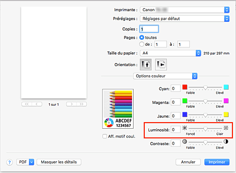 figure&nbsp;: Luminosité des options de couleur dans la boîte de dialogue Imprimer