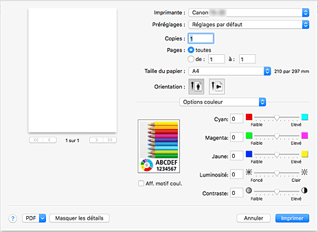 figure&nbsp;:&nbsp;Options couleur dans la boîte de dialogue Imprimer