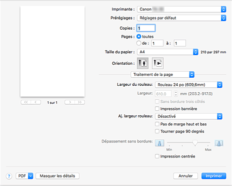 figure : Traitement de la page dans la boîte de dialogue Imprimer