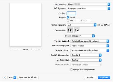 figure&nbsp;:&nbsp;Qualité et support dans la boîte de dialogue Imprimer