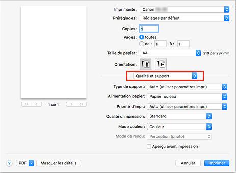 figure&nbsp;:&nbsp;Qualité et support dans la boîte de dialogue Imprimer