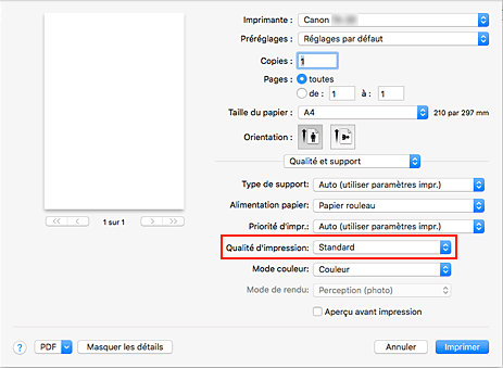 figure&nbsp;:&nbsp;Qualité d'impression dans Qualité et support de la boîte de dialogue Imprimer