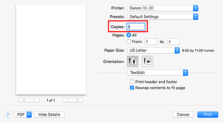рисунок: пункт "Копии" в диалоговом окне "Печать"
