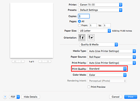 Abbildung: "Druckqualität" unter "Qualität und Medium" im Dialog "Drucken"