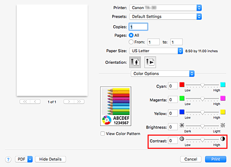 Imagen: Contraste de Opciones de color del cuadro de diálogo Imprimir