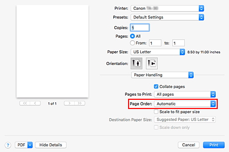 Imagen: selección de Automático en Orden de páginas de Gestión del papel del cuadro de diálogo Imprimir