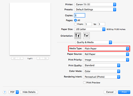Imagen: Tipo de soporte de Calidad y soporte del cuadro de diálogo Imprimir
