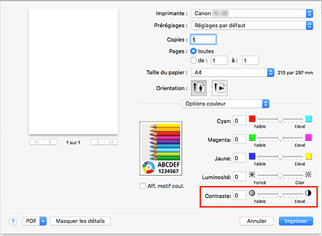 figure&nbsp;: Contraste des options de couleur dans la boîte de dialogue Imprimer