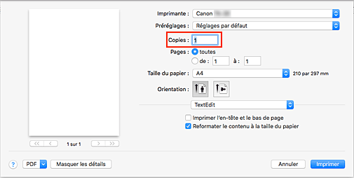 figure&nbsp;: Copies dans la boîte de dialogue Imprimer