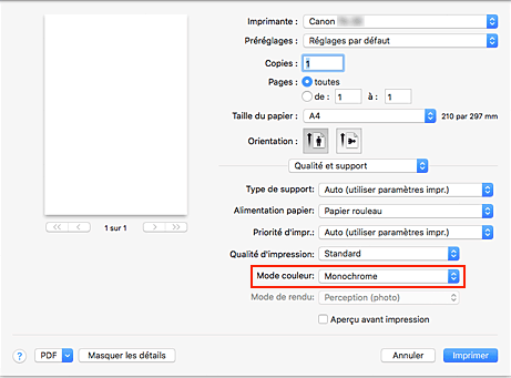 figure : monochrome et monochrome matriciel de la qualité et du support dans la boîte de dialogue Imprimer