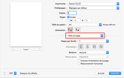 figure&nbsp;:&nbsp;Mise en page dans la boîte de dialogue Imprimer