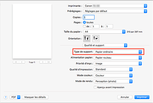 figure&nbsp;:&nbsp;Type de support dans Qualité et support de la boîte de dialogue Imprimer