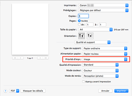 figure&nbsp;:&nbsp;Qualité d'impression dans Qualité et support de la boîte de dialogue Imprimer