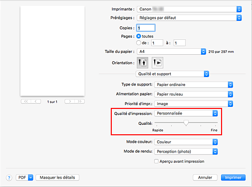 figure&nbsp;:&nbsp;Sélectionnez Personnalisée pour Qualité et support dans la boîte de dialogue Imprimer.