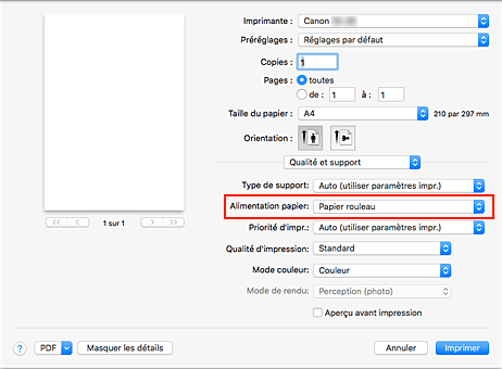 figure&nbsp;:&nbsp;Alimentation papier dans Qualité et support de la boîte de dialogue Imprimer