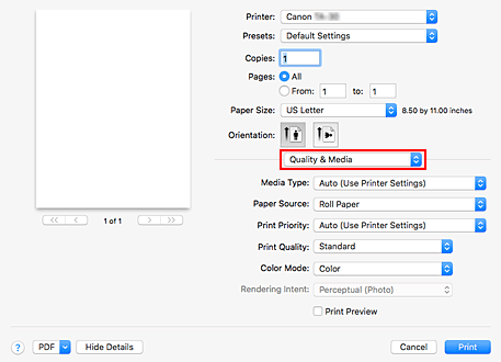 figura: Qualidade e Mídia na caixa de diálogo Imprimir