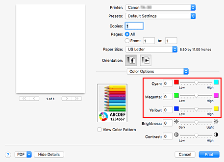 figure:Color balance of Color Options in the Print dialog