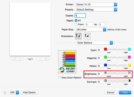 figure:Brightness of Color Options in the Print dialog