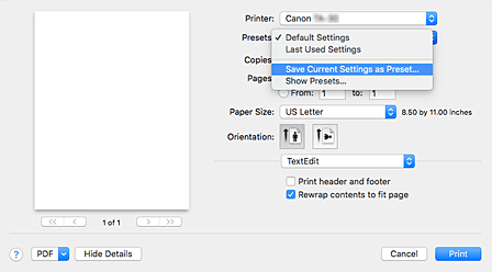 figure:Select Save Current Settings as Preset... from Presets in the Print dialog