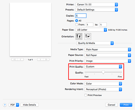 figure:Select Custom from Print Quality of Quality & Media in the Print dialog