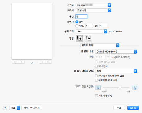 그림: 프린트 대화 상자의 [페이지 처리]