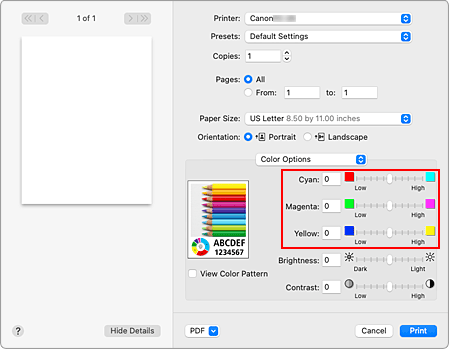 figure:Color balance of Color Options in the Print dialog