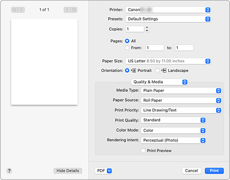 figure:Quality & Media in the Print dialog