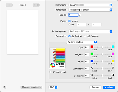 figure : Options couleur dans la boîte de dialogue Imprimer