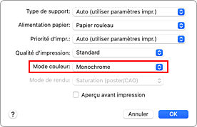 figure : monochrome et monochrome matriciel de la qualité et du support dans la boîte de dialogue Imprimer