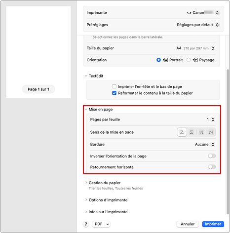 figure&nbsp;:&nbsp;Mise en page dans la boîte de dialogue Imprimer