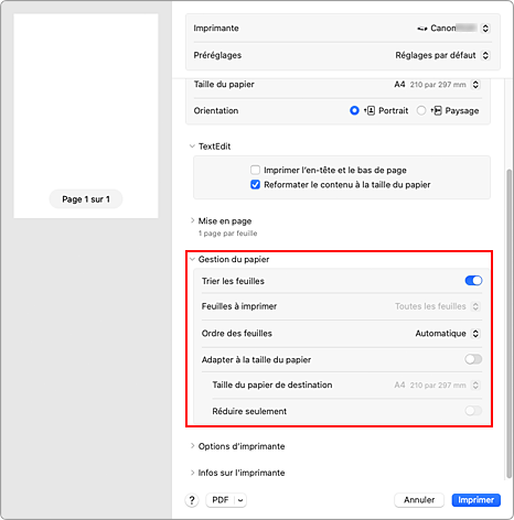 figure : Gestion du papier dans la boîte de dialogue Imprimer