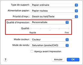 figure&nbsp;:&nbsp;Sélectionnez Personnalisée pour Qualité et support dans la boîte de dialogue Imprimer.