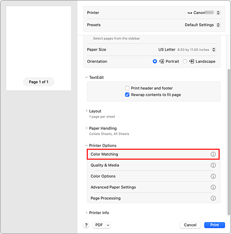 figure:Color Matching in the Print dialog