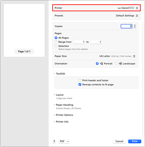 figure:Printer in the Print dialog